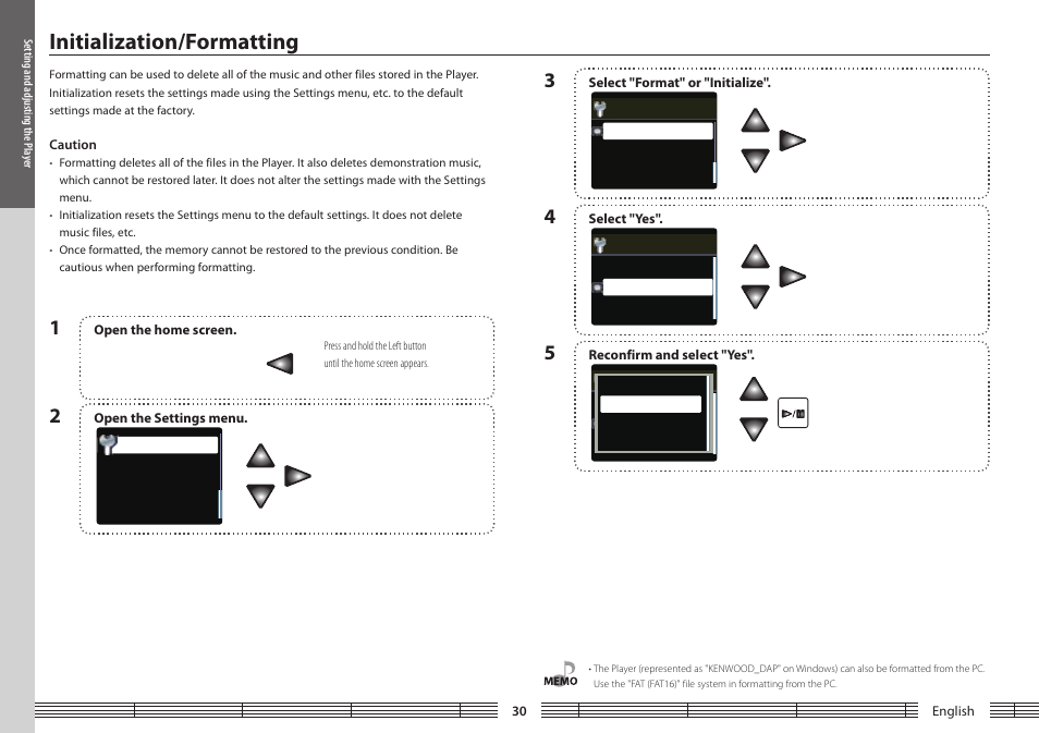 Initialization/formatting | Kenwood M1GC7 User Manual | Page 30 / 36