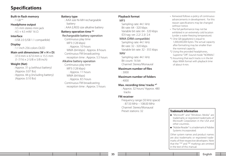 Specifications | Kenwood M1GC7 User Manual | Page 35 / 36