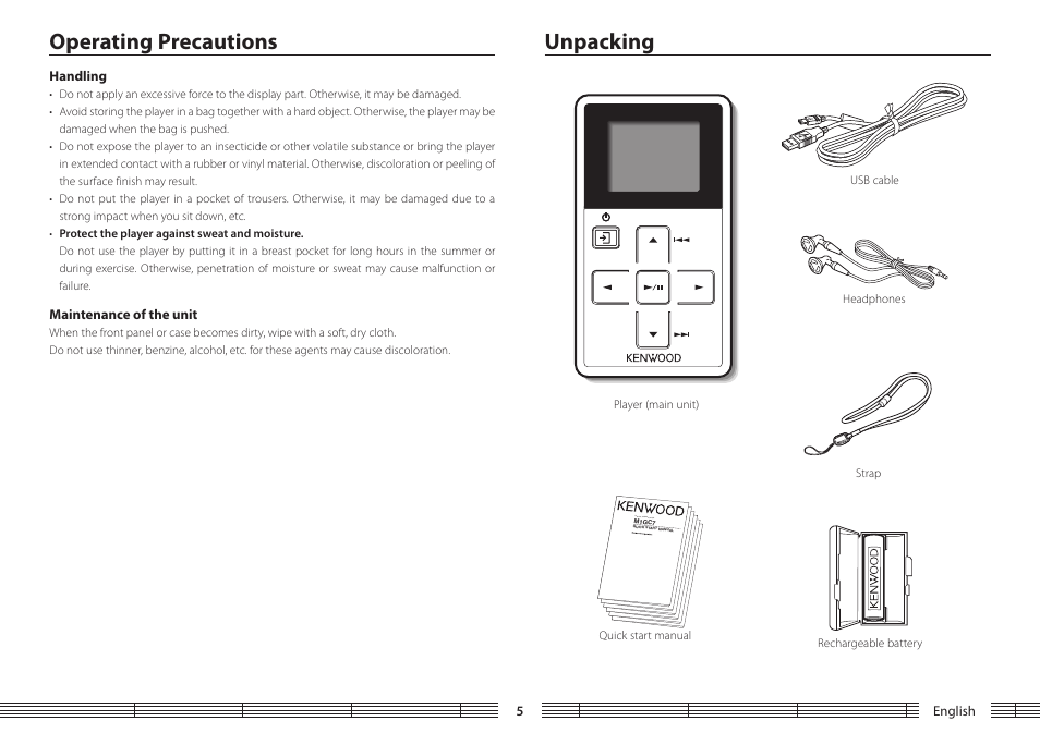 Operating precautions, Handling, Maintenance of the unit | Unpacking, Handling maintenance.of.the.unit, Digital audio pla yer | Kenwood M1GC7 User Manual | Page 5 / 36