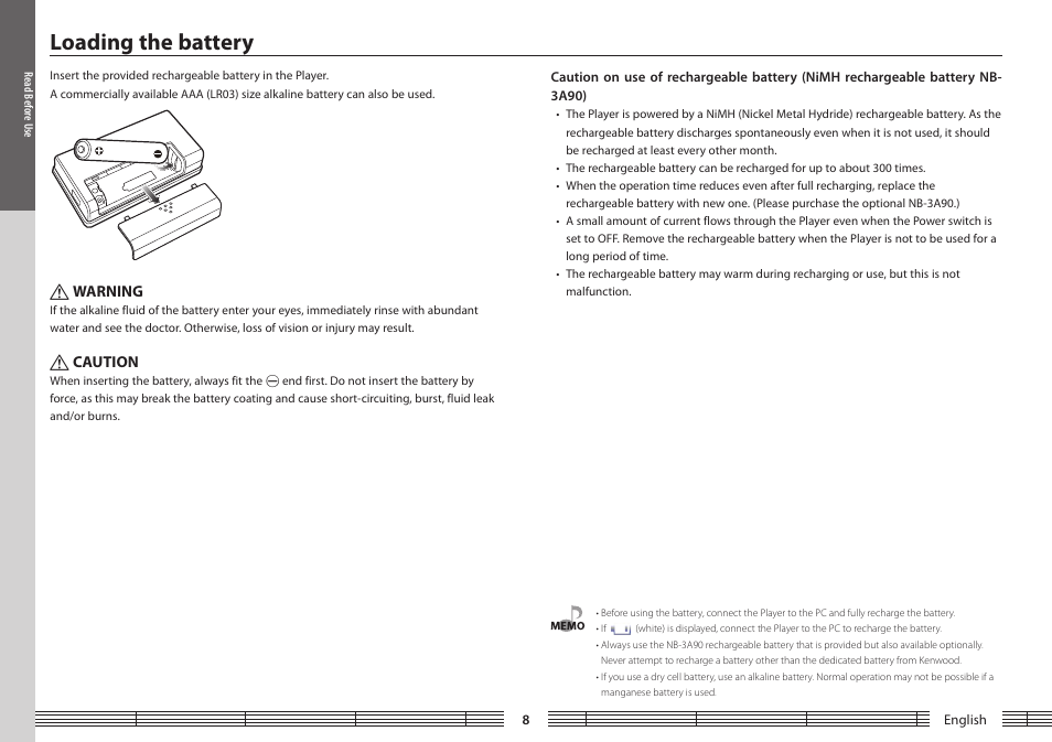 Loading the battery | Kenwood M1GC7 User Manual | Page 8 / 36