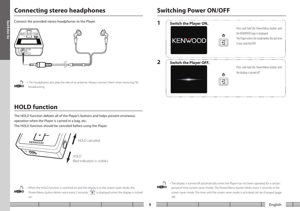 Switching power on/off, Hold function, Connecting stereo headphones | Kenwood M1GC7 User Manual | Page 9 / 36