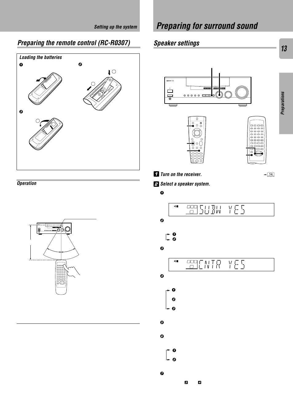 Preparing the remote control (rc-r0307), Preparing for surround sound, Speaker settings | Subw es y, Cntr es y | Kenwood KRF-V7010 User Manual | Page 13 / 28