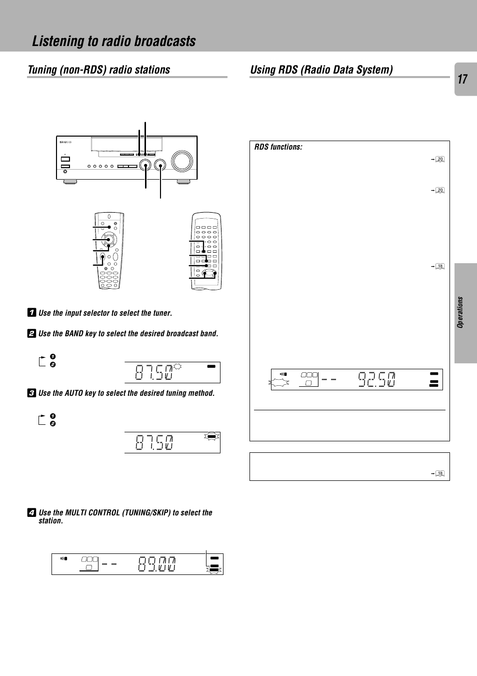 Listening to radio broadcasts, Tuning (non-rds) radio stations, Using rds (radio data system) | Rds functions | Kenwood KRF-V7010 User Manual | Page 17 / 28