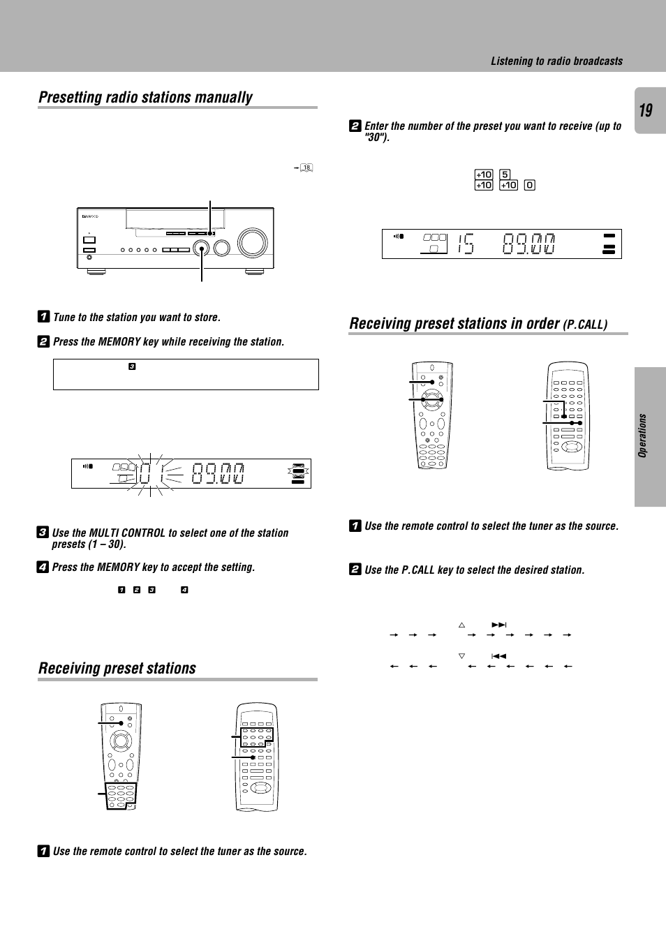 Presetting radio stations manually, Receiving preset stations, Receiving preset stations in order (p.call) | Receiving preset stations in order, P.call) | Kenwood KRF-V7010 User Manual | Page 19 / 28