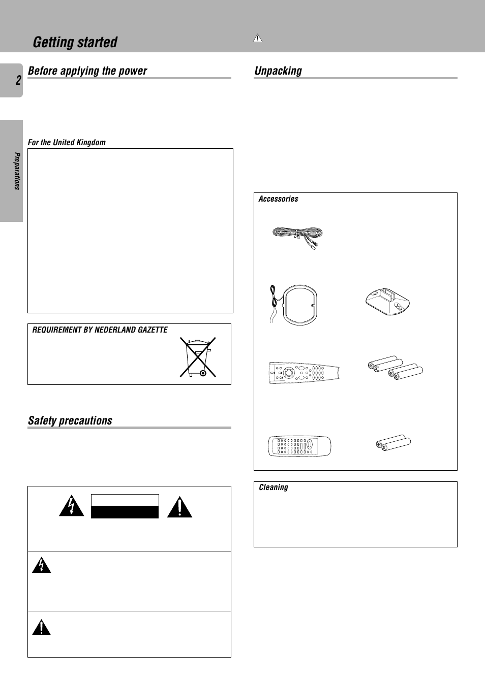 Getting started, Before applying the power, Safety precautions | Unpacking, Safety precautions unpacking, Warning | Kenwood KRF-V7010 User Manual | Page 2 / 28