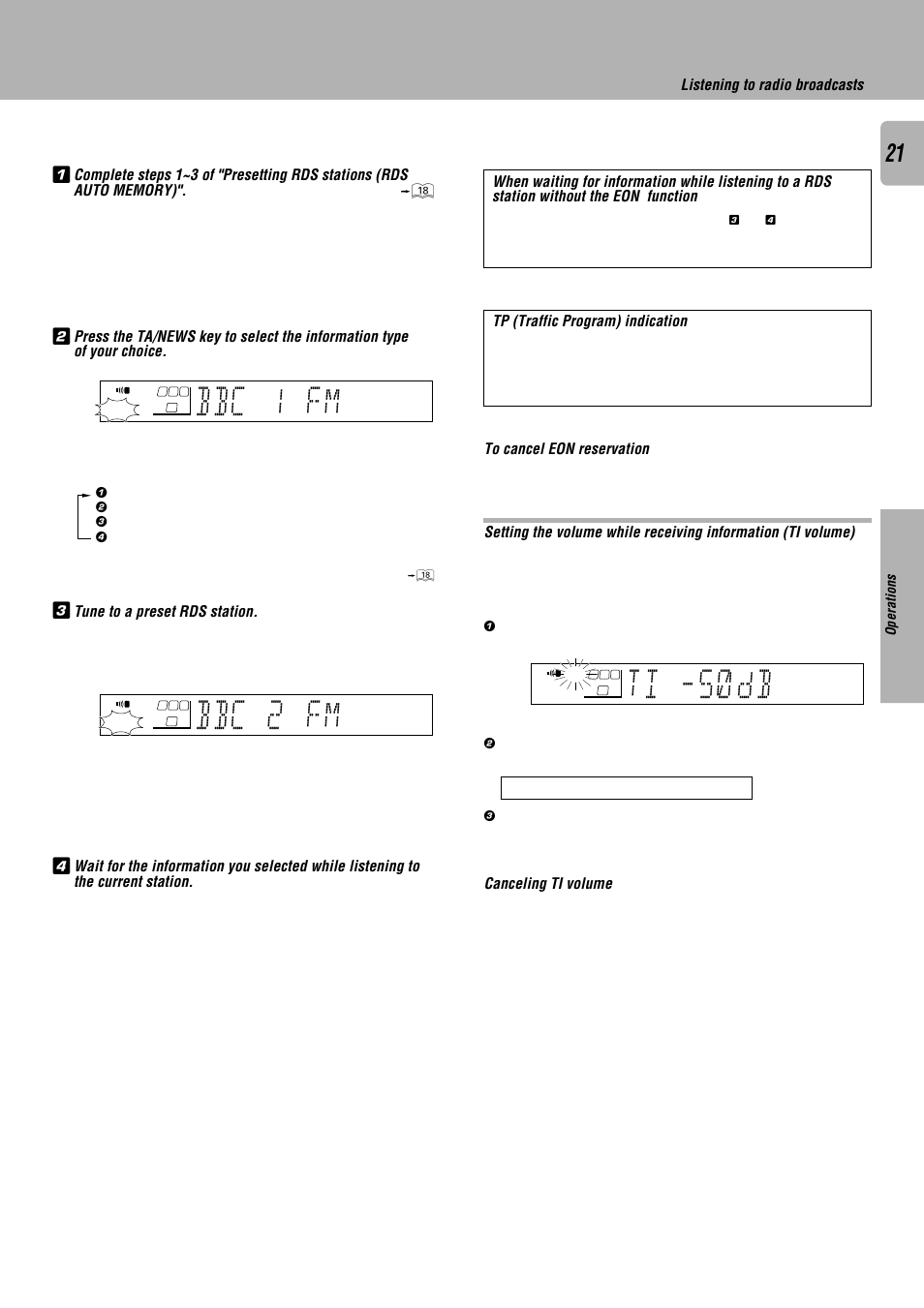 Bbc 1 fm, Bbc 2 fm, Ti -5 db ) | Tune to a preset rds station, Tp (traffic program) indication, Canceling ti volume, Listening to radio broadcasts, Operations | Kenwood KRF-V7010 User Manual | Page 21 / 28