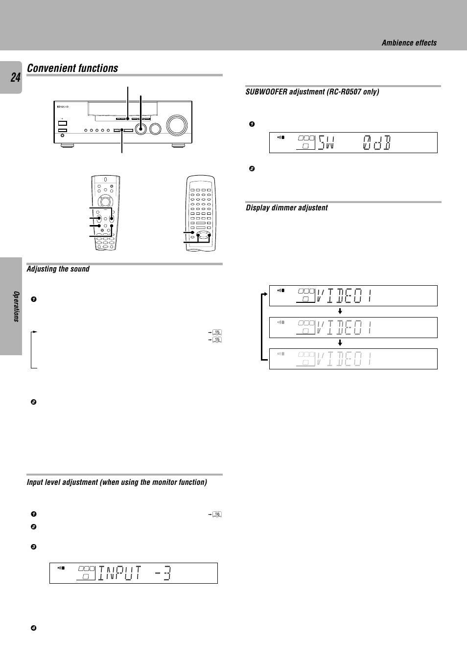 Convenient functions, Sw d b ), Video1 | Input -3, Adjusting the sound ambience effects, Display dimmer adjustent, Subwoofer adjustment (rc-r0507 only) | Kenwood KRF-V7010 User Manual | Page 24 / 28