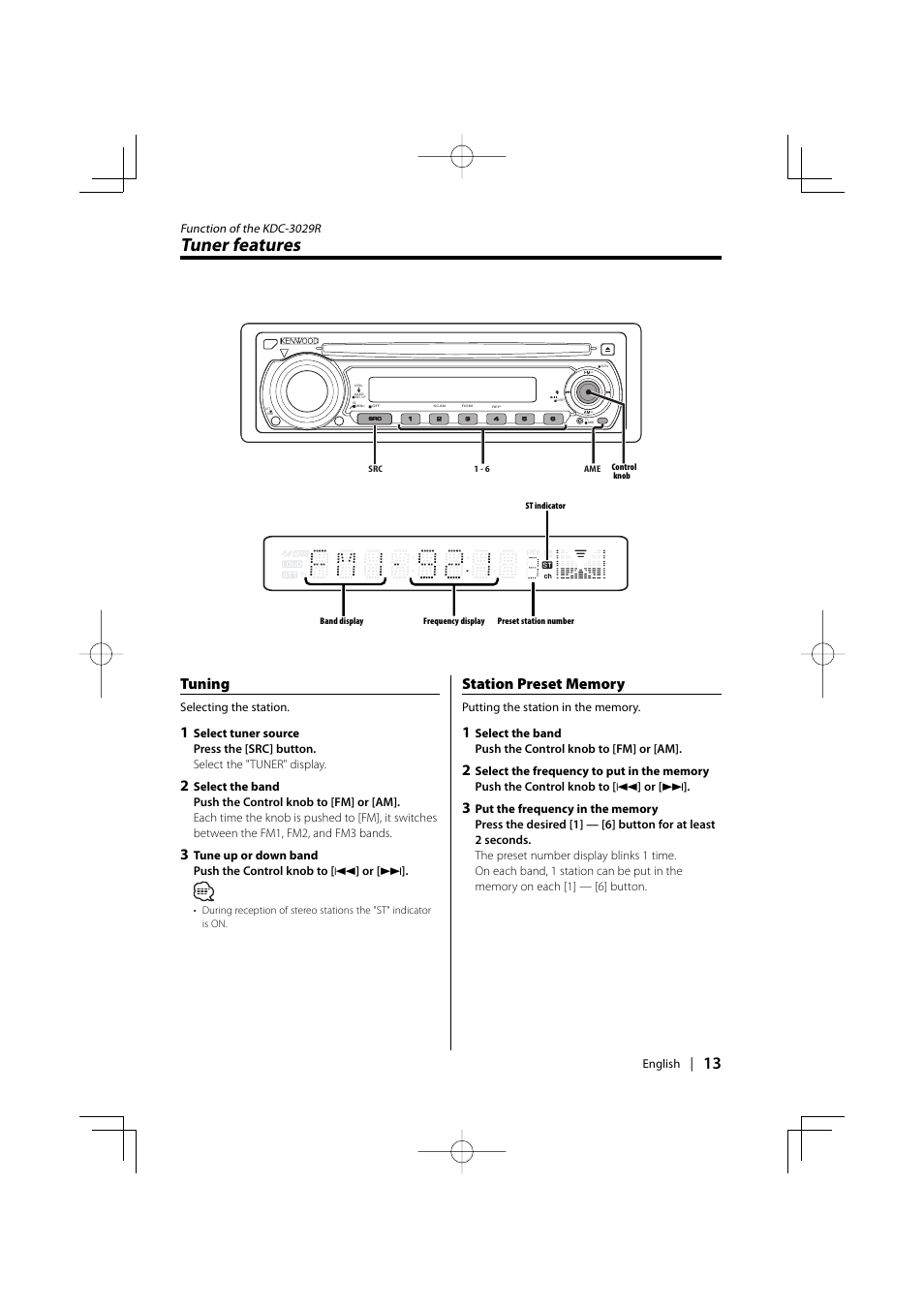 Tuner features, Tuning | Kenwood KDC-MP4029G User Manual | Page 13 / 40