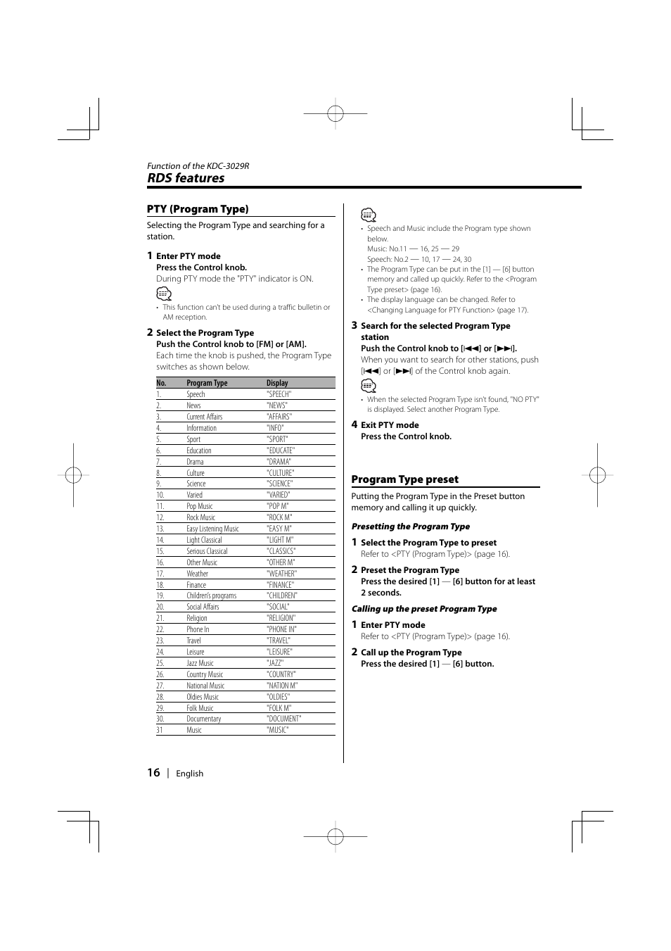 Rds features, Program type preset, Pty (program type) | Kenwood KDC-MP4029G User Manual | Page 16 / 40