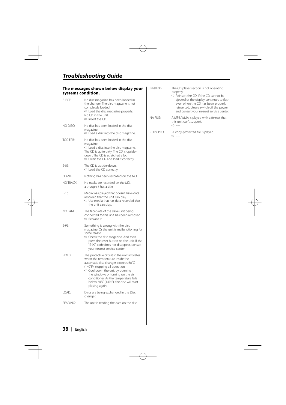 Troubleshooting guide | Kenwood KDC-MP4029G User Manual | Page 38 / 40