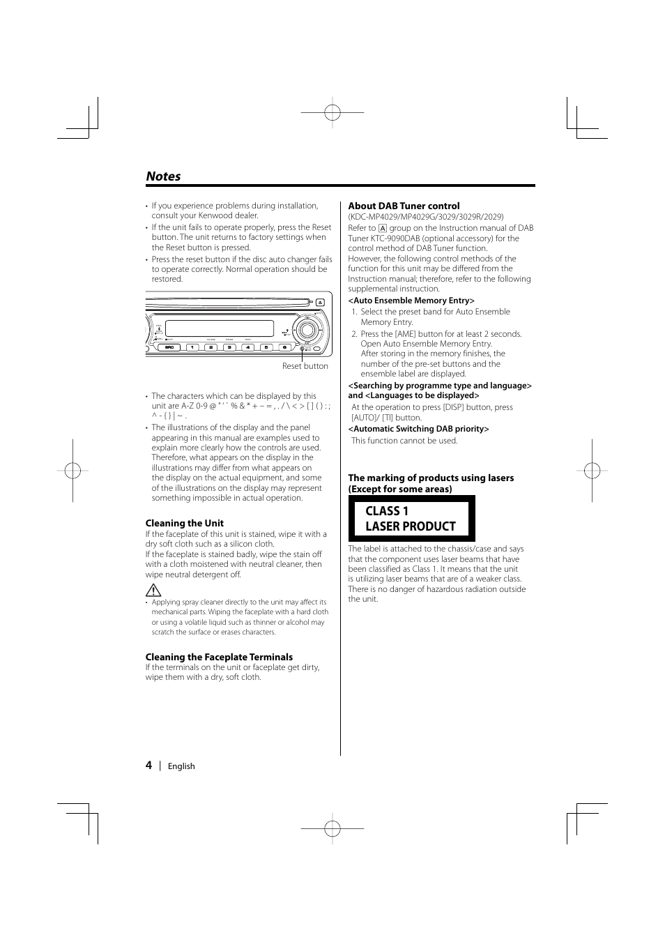 Class 1 laser product, Cleaning the unit, Cleaning the faceplate terminals | About dab tuner control | Kenwood KDC-MP4029G User Manual | Page 4 / 40