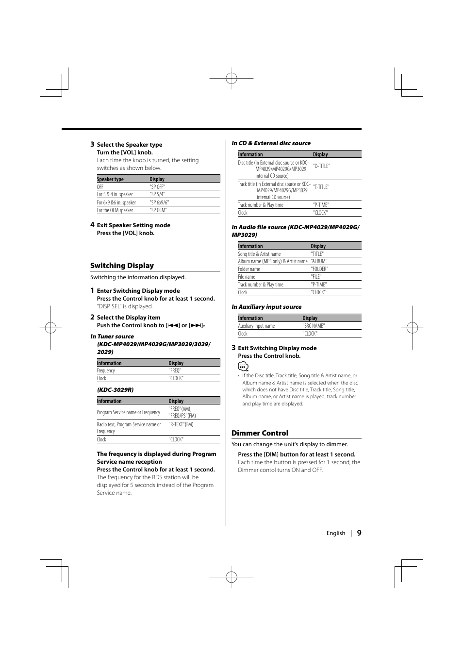 Switching display, Dimmer control | Kenwood KDC-MP4029G User Manual | Page 9 / 40