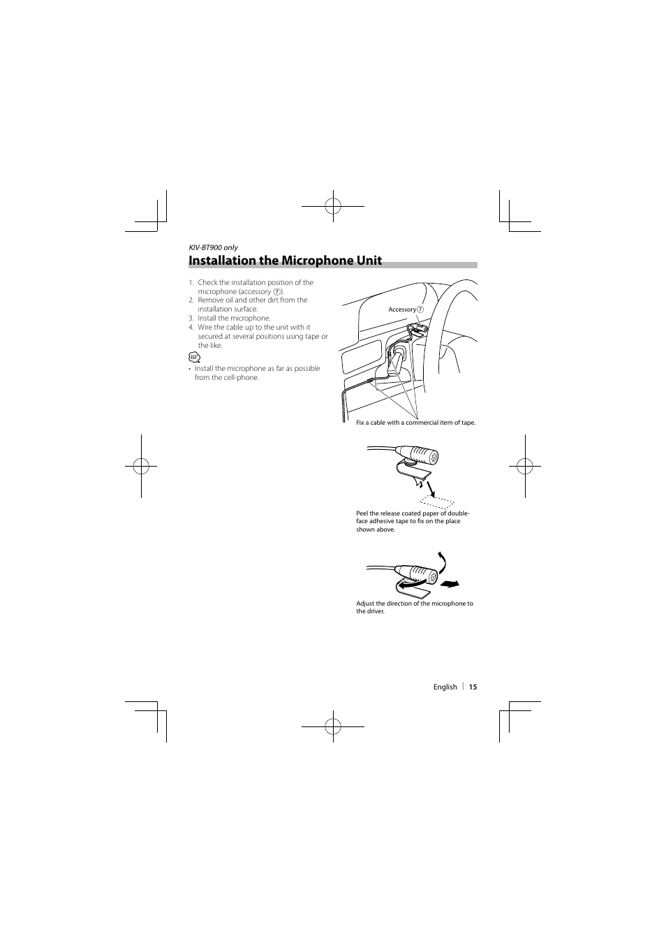 Installation the microphone unit | Kenwood KIV-BT900 User Manual | Page 15 / 48