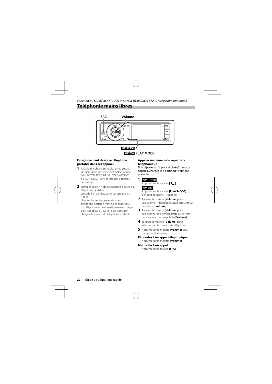 Téléphonie mains libres | Kenwood KIV-BT900 User Manual | Page 22 / 48