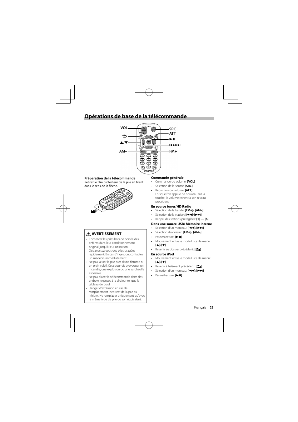 Opérations de base de la télécommande | Kenwood KIV-BT900 User Manual | Page 23 / 48