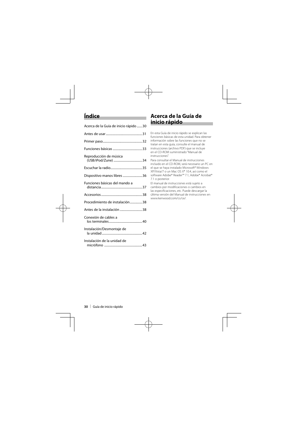 Índice acerca de la guía de inicio rápido | Kenwood KIV-BT900 User Manual | Page 30 / 48