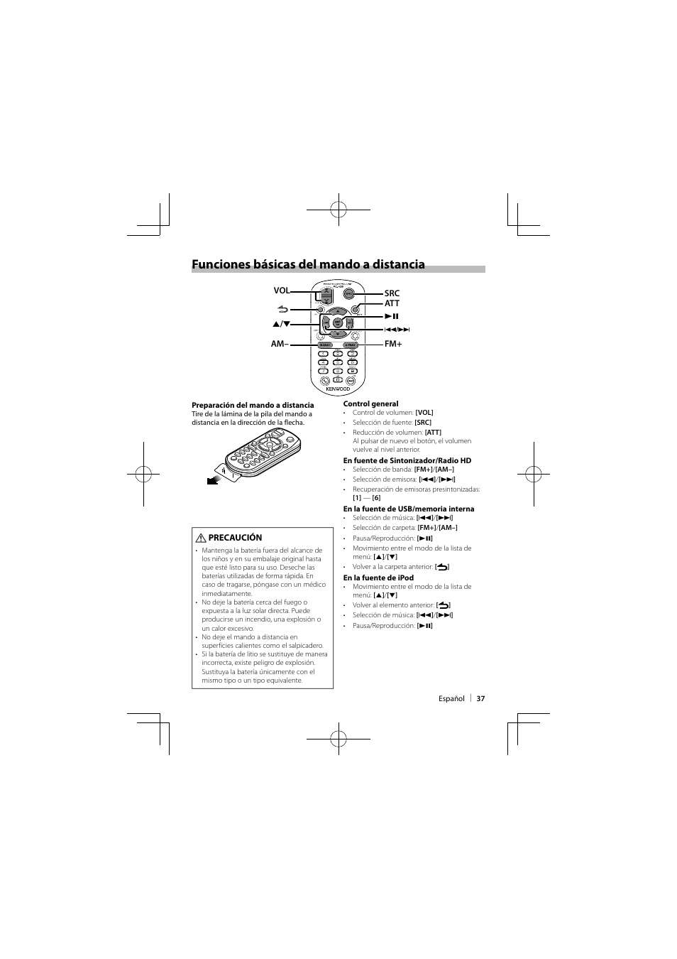 Funciones básicas del mando a distancia | Kenwood KIV-BT900 User Manual | Page 37 / 48