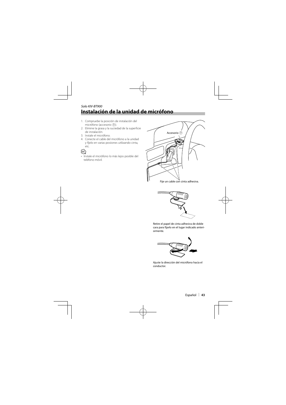 Instalación de la unidad de micrófono | Kenwood KIV-BT900 User Manual | Page 43 / 48