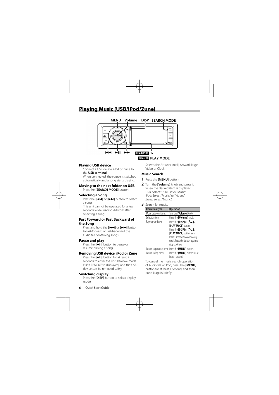 Playing music (usb/ipod/zune) | Kenwood KIV-BT900 User Manual | Page 6 / 48