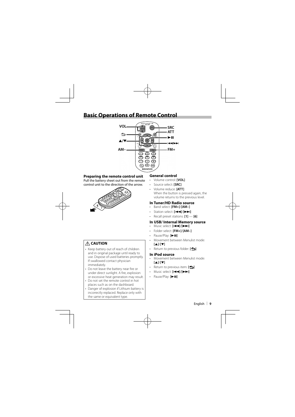 Basic operations of remote control | Kenwood KIV-BT900 User Manual | Page 9 / 48