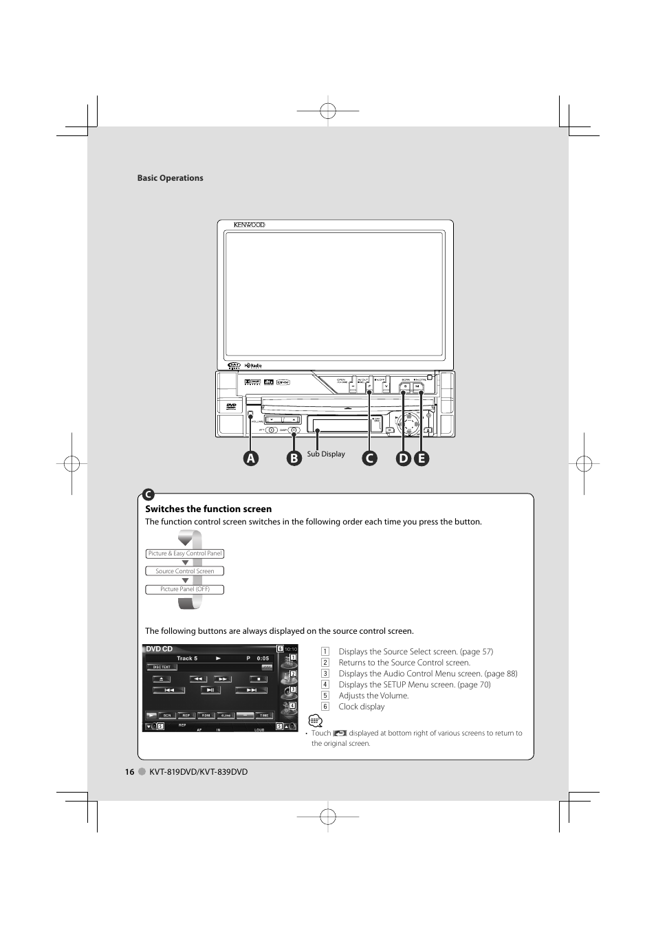 Basic operation common operation, Ba c d e | Kenwood KVT-819DVD User Manual | Page 16 / 104