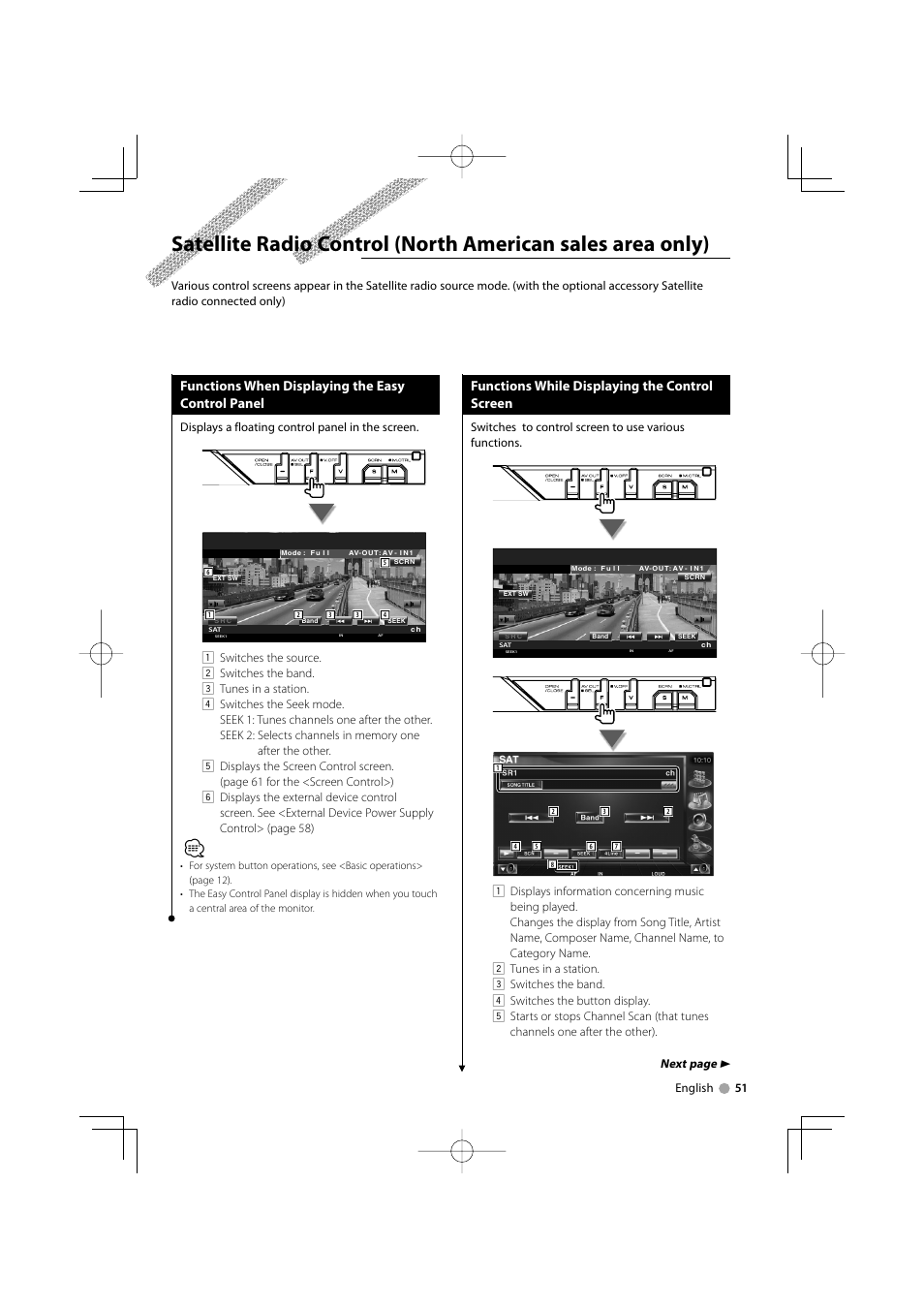 Functions when displaying the easy control panel, Functions while displaying the control screen, Next page 3 | English 51, Displays a floating control panel in the screen | Kenwood KVT-819DVD User Manual | Page 51 / 104