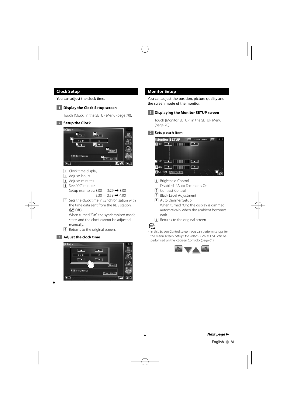 Clock setup, Monitor setup | Kenwood KVT-819DVD User Manual | Page 81 / 104