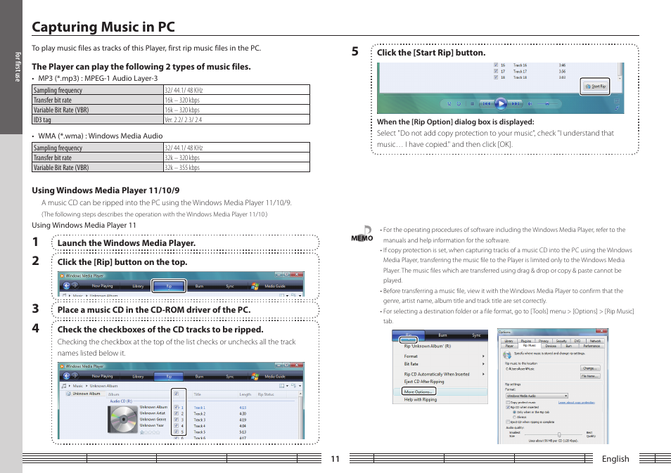 Capturing music in pc, Using windows media player 11/10/9, The player can play the following 2 types | Of music files | Kenwood M1GD50 User Manual | Page 11 / 34