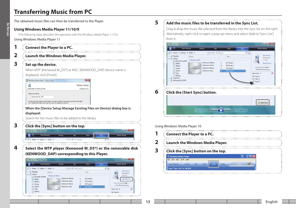 Transferring music from pc, Using windows media player 11/10/9 | Kenwood M1GD50 User Manual | Page 13 / 34