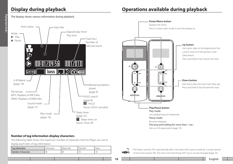 Display during playback, Number of tag information display characters, Operations available during playback | Number of tag information display, Characters | Kenwood M1GD50 User Manual | Page 18 / 34