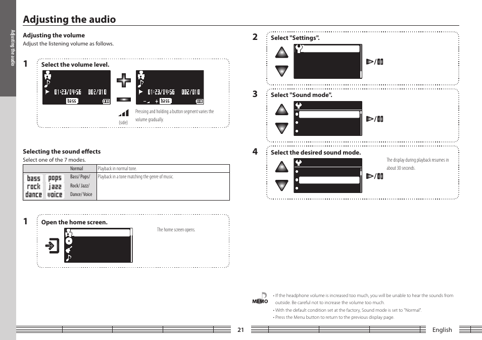 Adjusting the audio, Adjusting the volume, Selecting the sound effects | Adjusting the volume selecting the sound effects | Kenwood M1GD50 User Manual | Page 21 / 34