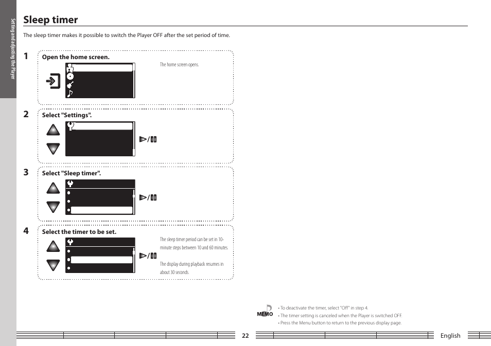 Setting and adjusting the player, Sleep timer | Kenwood M1GD50 User Manual | Page 22 / 34