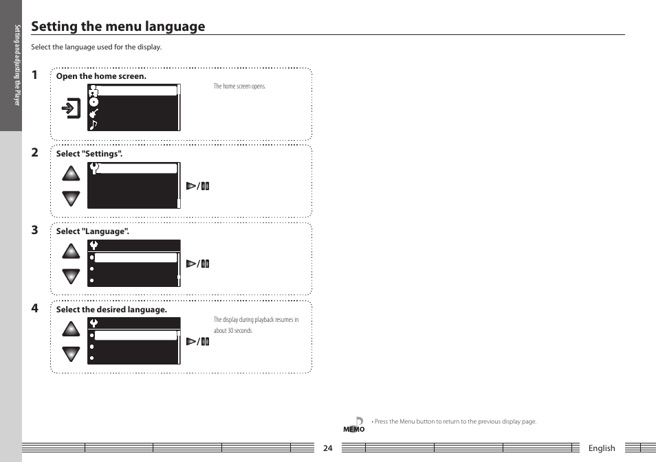 Setting the menu language, Language | Kenwood M1GD50 User Manual | Page 24 / 34