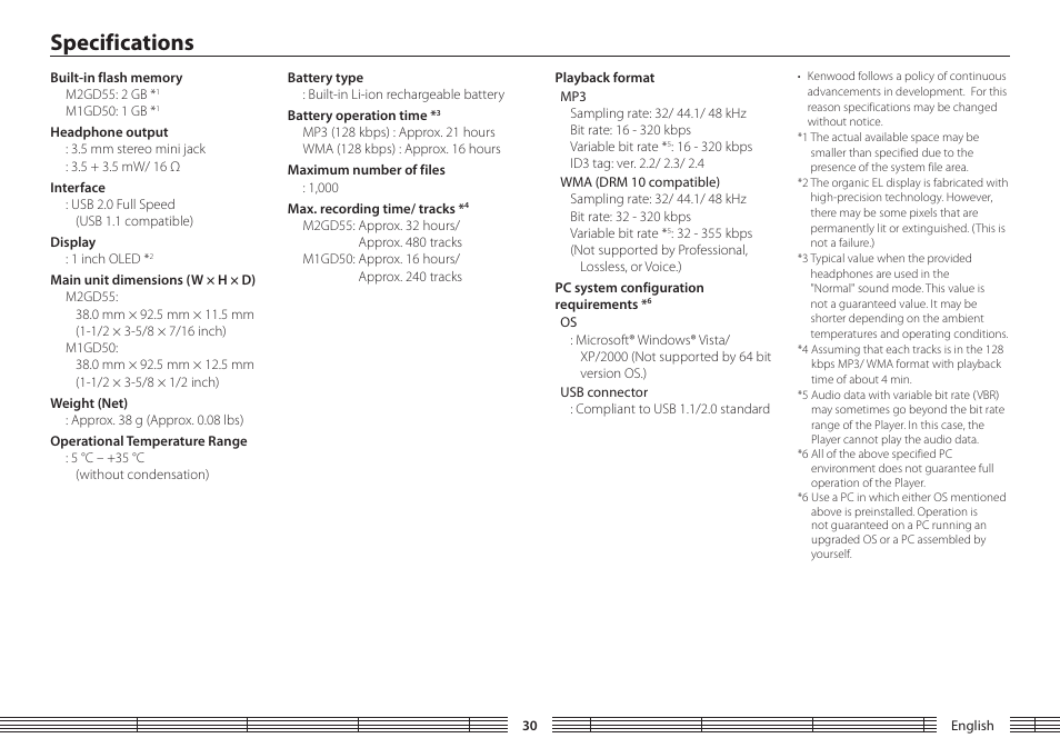 Specifications | Kenwood M1GD50 User Manual | Page 30 / 34