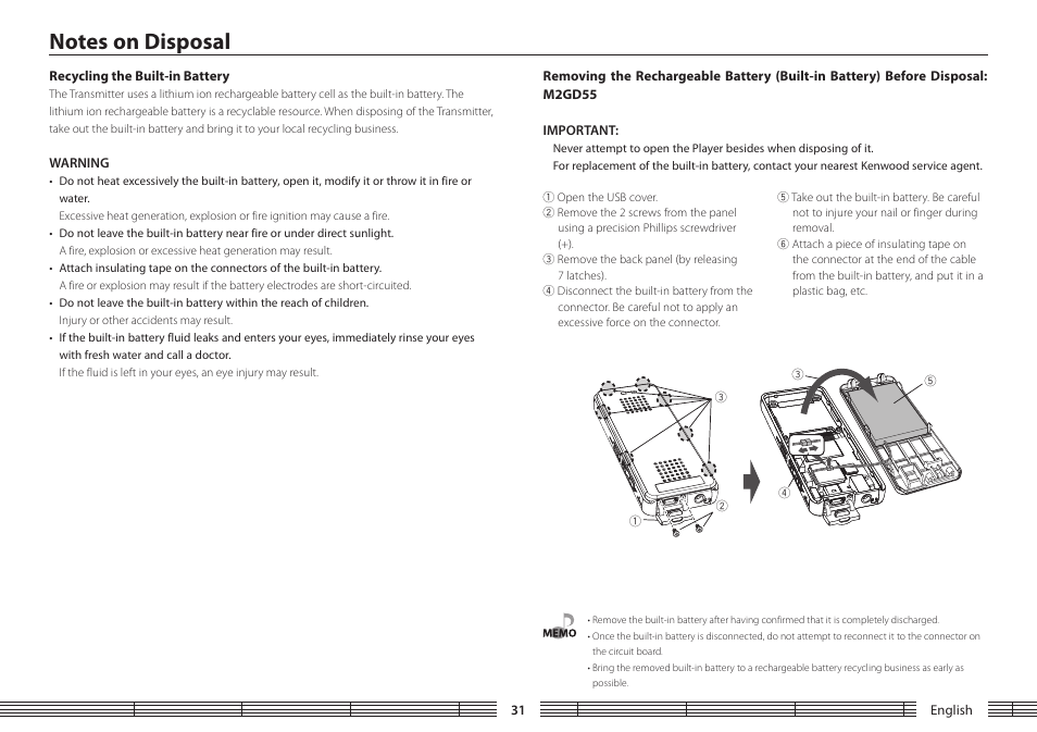 Notes on disposal, Recycling the built-in battery, Built-in battery) before disposal: m2gd55 | Kenwood M1GD50 User Manual | Page 31 / 34