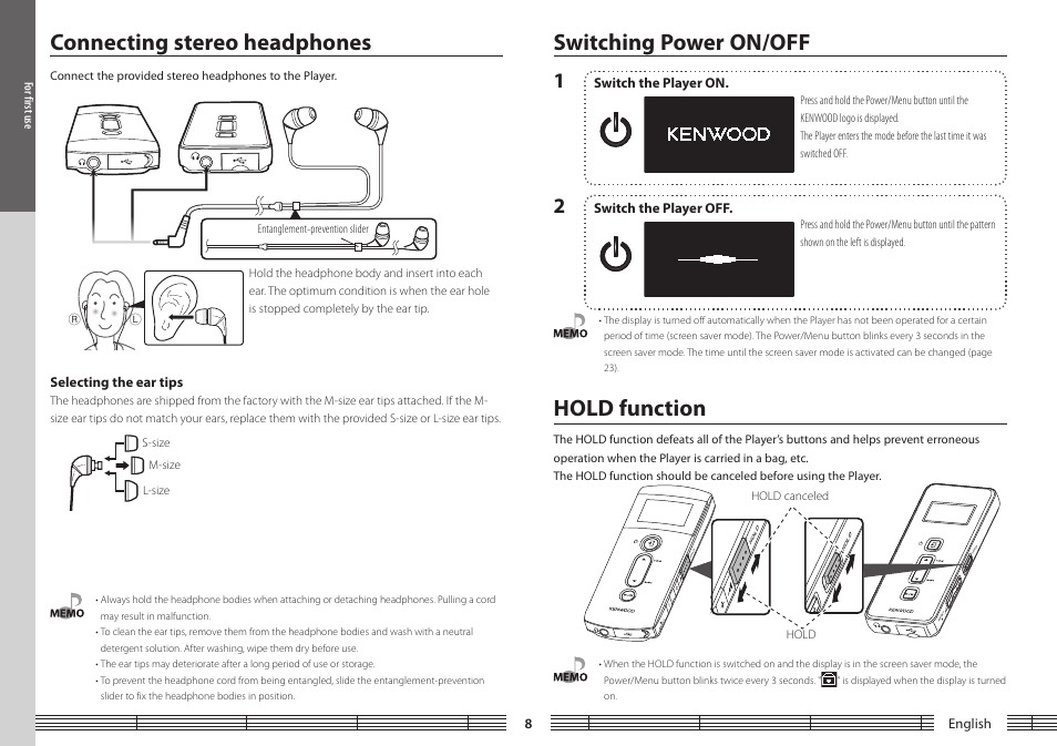 For first use, Connecting stereo headphones, Selecting the ear tips | Hold function, Switching power on/off, Switching power on/off hold function | Kenwood M1GD50 User Manual | Page 8 / 34