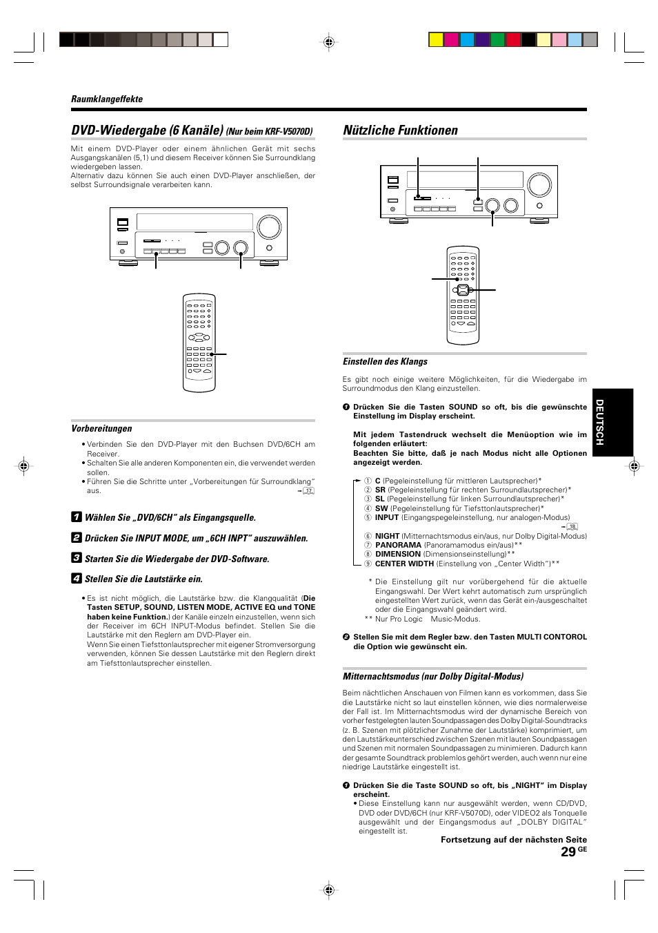 Dvd-wiedergabe (6 kanale) (nur beim krf-v5070d), Nutzliche funktionen, Nützliche funktionen | Dvd-wiedergabe (6 kanäle) | Kenwood KRF-V5570D User Manual | Page 101 / 180