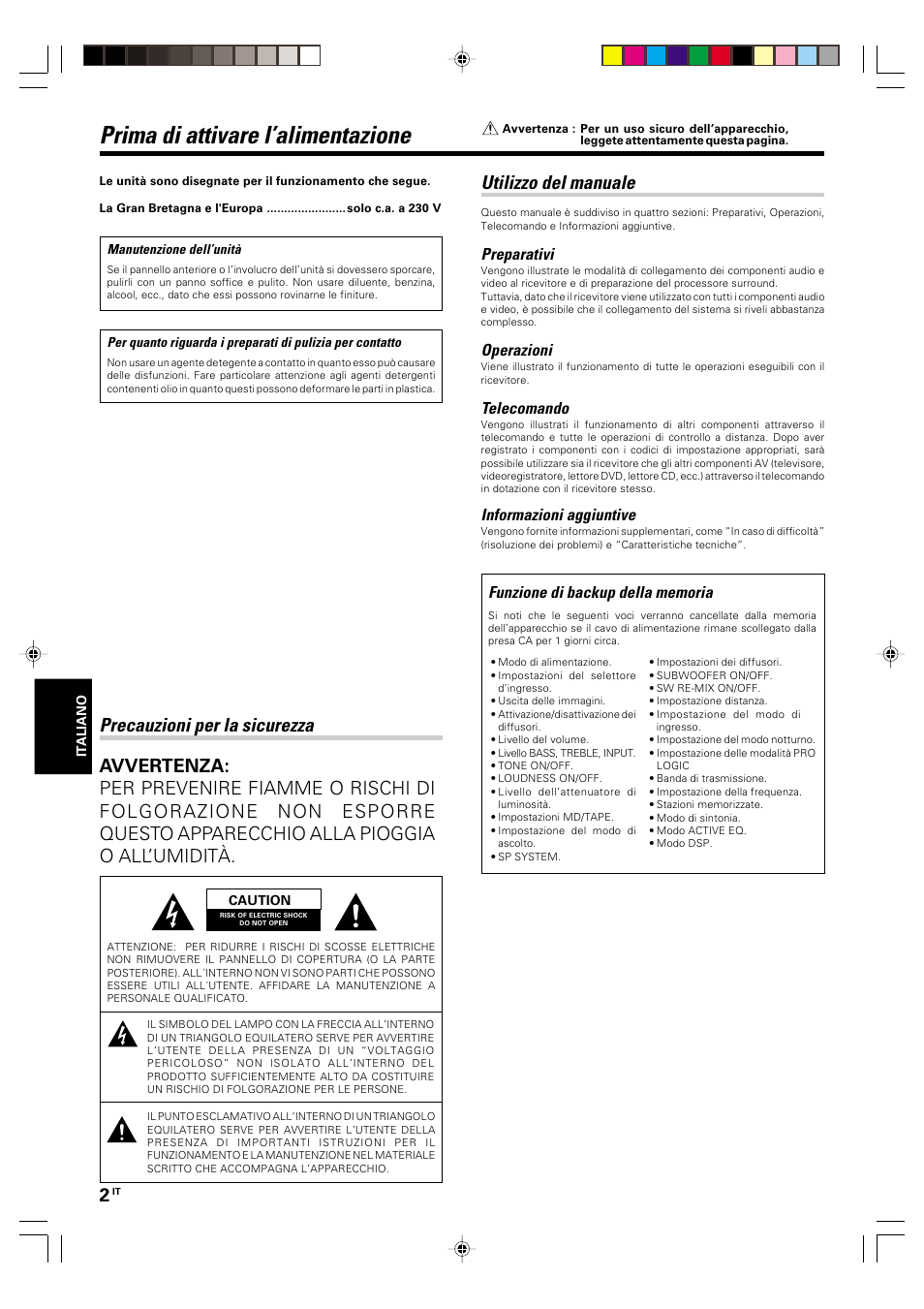 Preparativi, Prima di attivare l’alimentazione, Precauzioni per la sicurezza | Utilizzo del manuale, Operazioni, Telecomando, Informazioni aggiuntive | Kenwood KRF-V5570D User Manual | Page 110 / 180