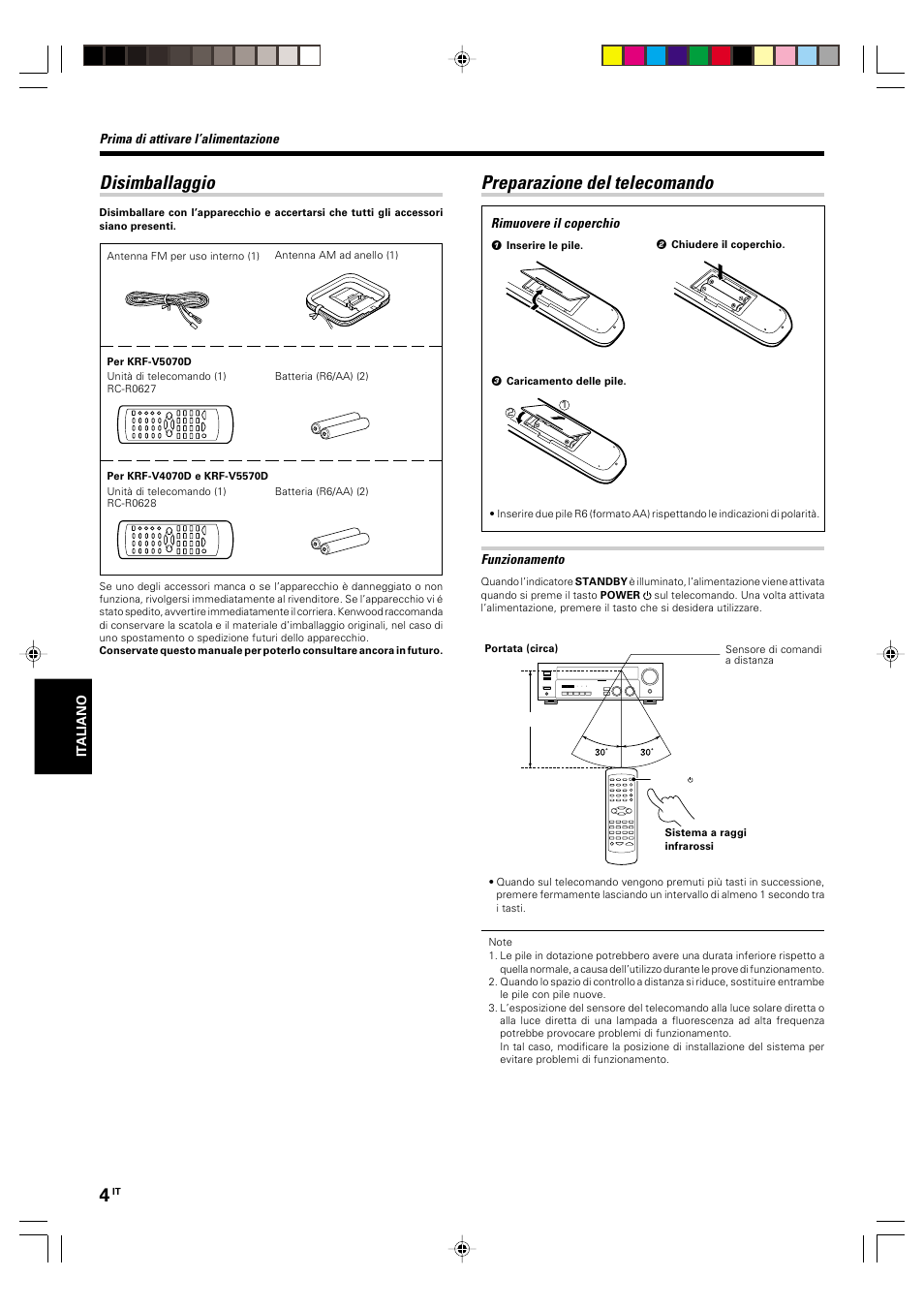 Disimballaggio, Preparazione del telecomando | Kenwood KRF-V5570D User Manual | Page 112 / 180