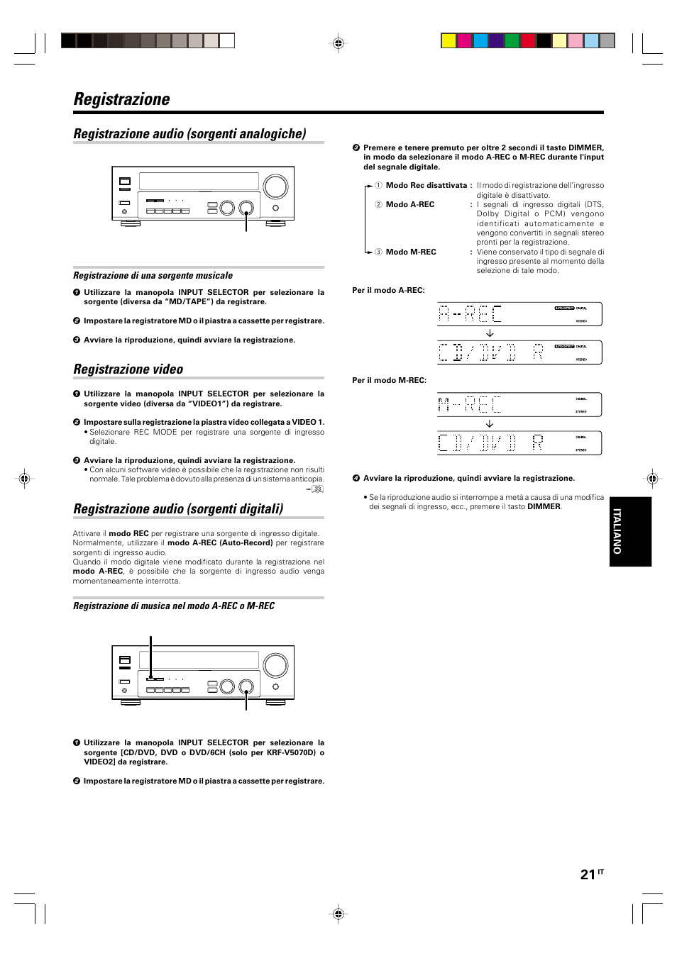 Registrazione, Registrazione audio (sorgenti analogiche), Registrazione video | Registrazione audio (sorgenti digitali) | Kenwood KRF-V5570D User Manual | Page 129 / 180