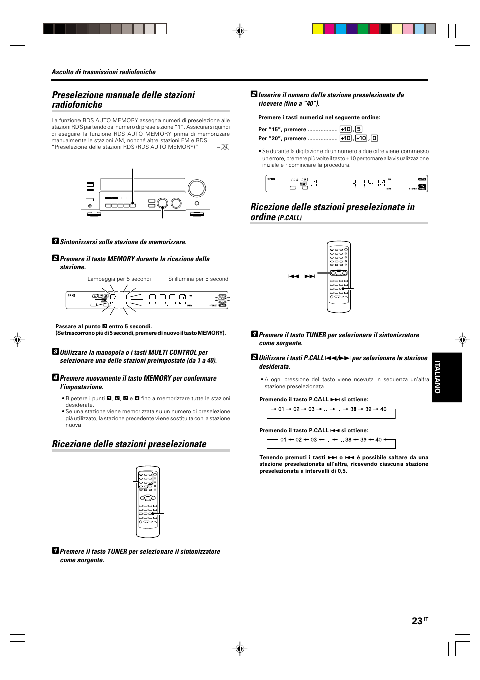 Preselezione manuale delle stazioni radiofoniche, Ricezione delle stazioni preselezionate, Ricezione delle stazioni preselezionate in ordine | Kenwood KRF-V5570D User Manual | Page 131 / 180