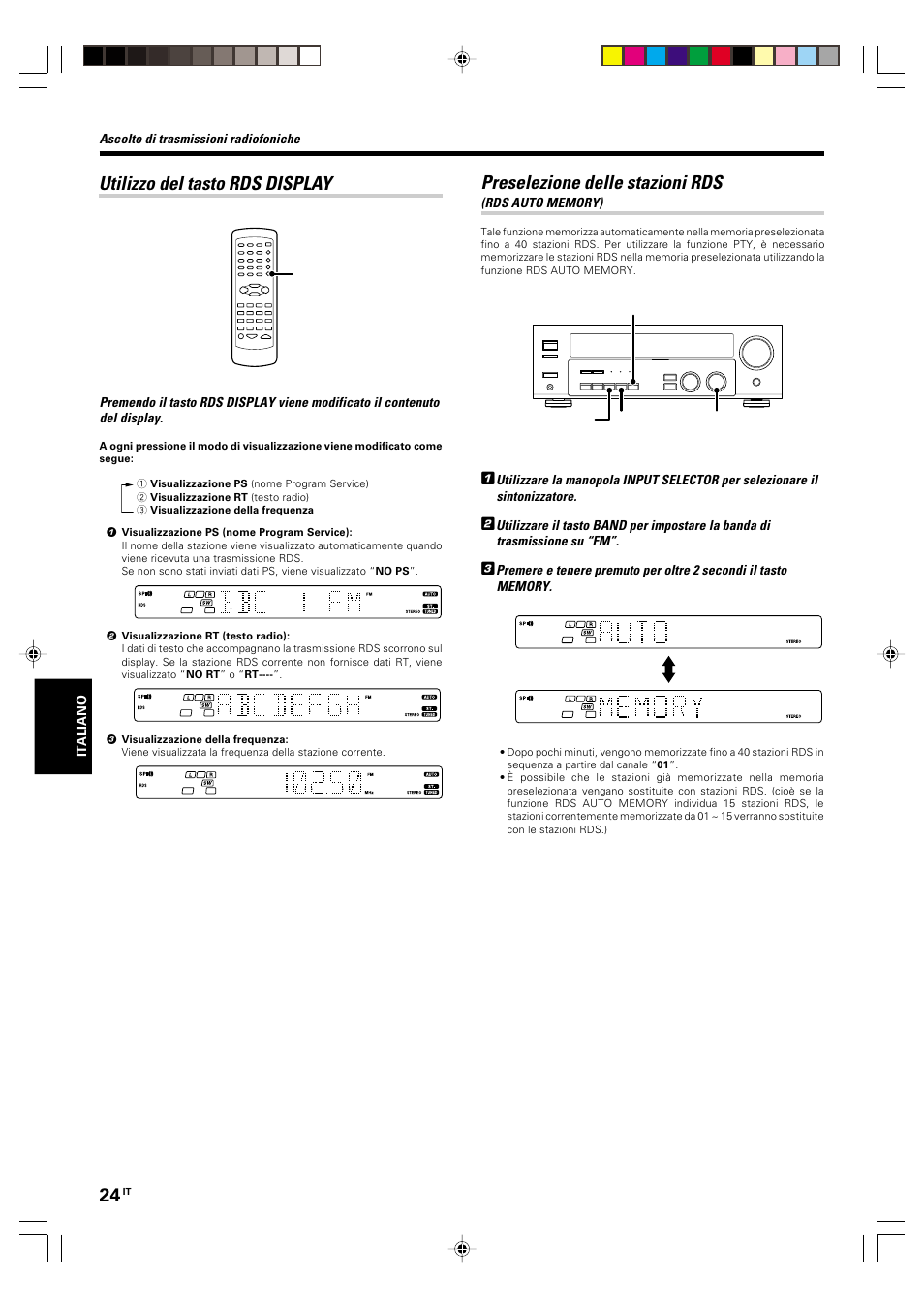 Utilizzo del tasto rds display, Preselezione delle stazioni rds rds auto memory), Preselezione delle stazioni rds | Kenwood KRF-V5570D User Manual | Page 132 / 180