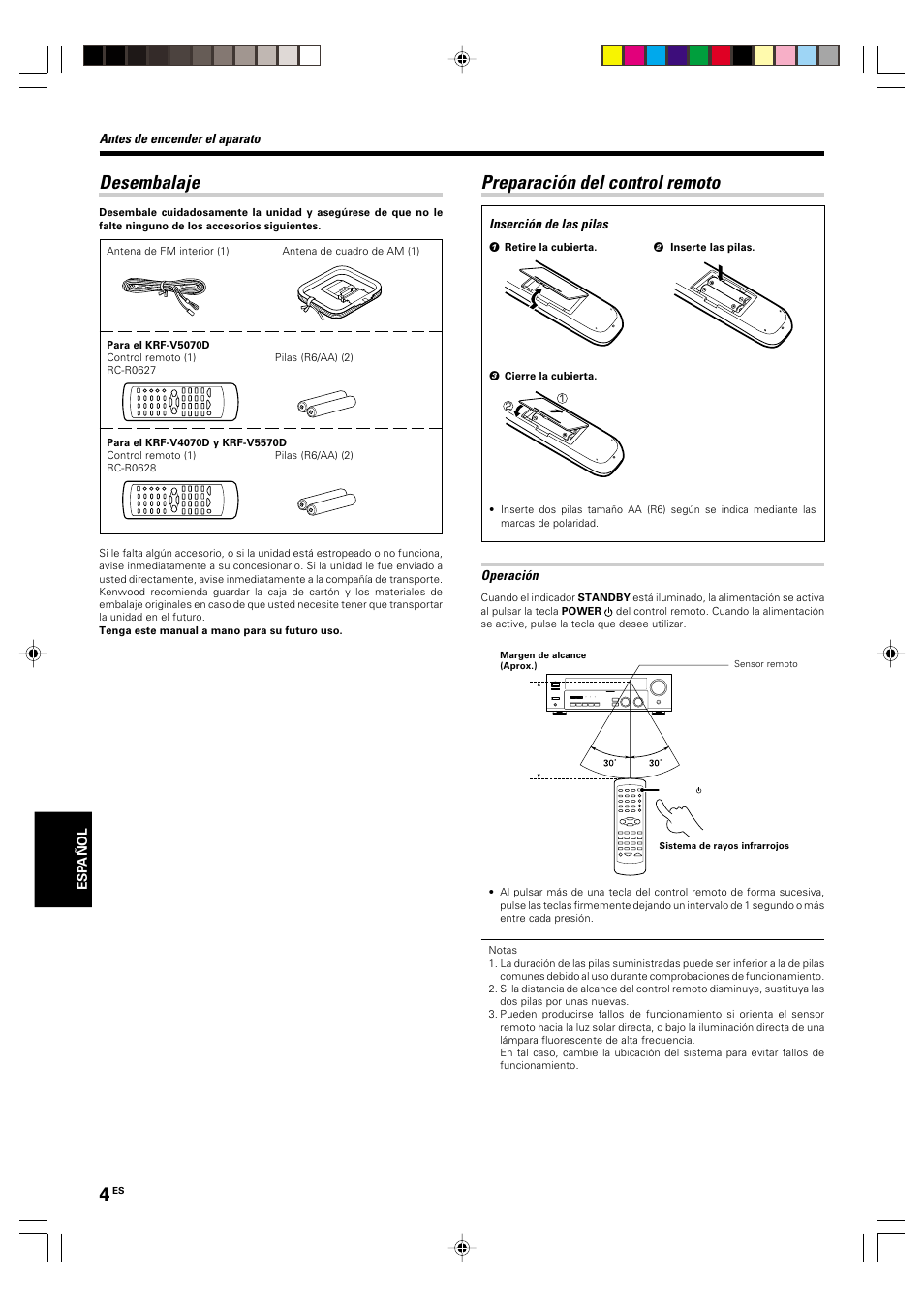 Desembalaje, Preparacion del control remoto, Preparación del control remoto | Kenwood KRF-V5570D User Manual | Page 148 / 180