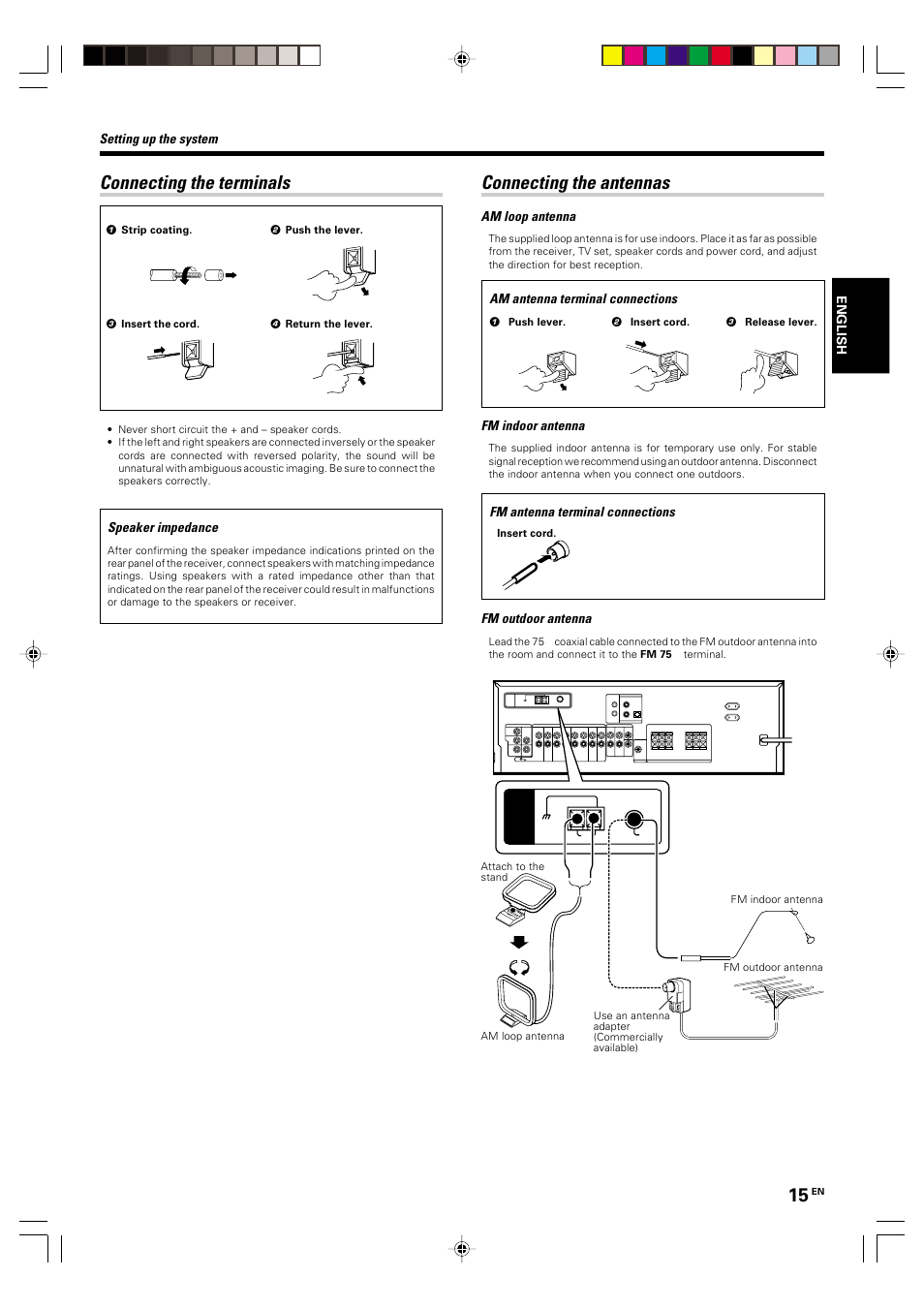 Connecting the terminals, Connecting the antennas, Setting up the system | Speaker impedance, Am loop antenna, Fm indoor antenna, Fm outdoor antenna, Am antenna terminal connections, Fm antenna terminal connections | Kenwood KRF-V5570D User Manual | Page 15 / 180