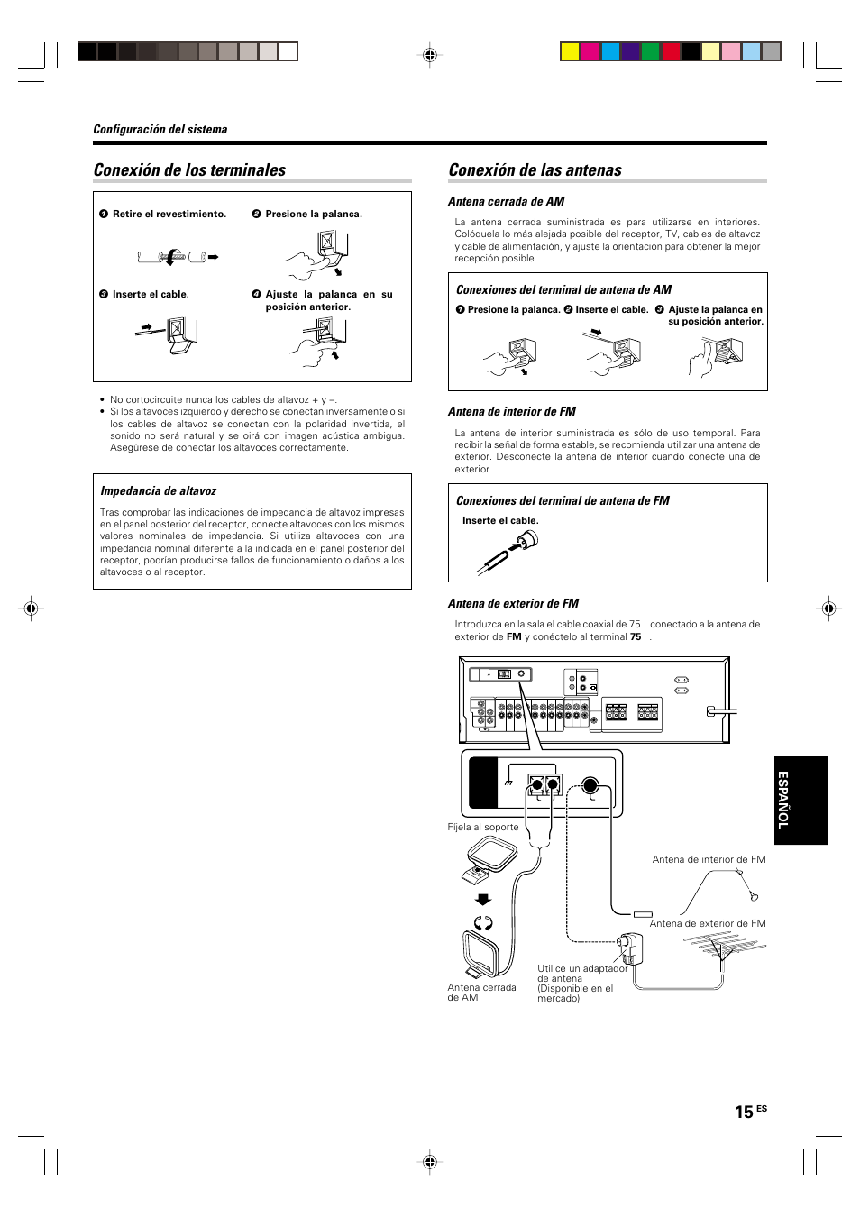 Conexion de los terminales, Conexion de las antenas, Conexión de los terminales | Conexión de las antenas, Configuración del sistema, Impedancia de altavoz, Antena cerrada de am, Antena de interior de fm, Antena de exterior de fm, Conexiones del terminal de antena de am | Kenwood KRF-V5570D User Manual | Page 159 / 180