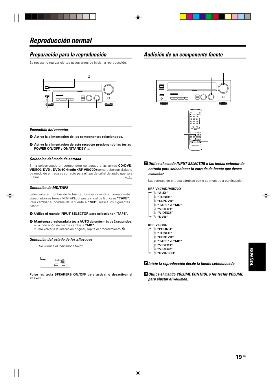 Operaciones, Reproduccion normal, Preparacion para la reproduccion | Audicion de un componente fuente, Reproducción normal, Audición de un componente fuente, Preparación para la reproducción | Kenwood KRF-V5570D User Manual | Page 163 / 180