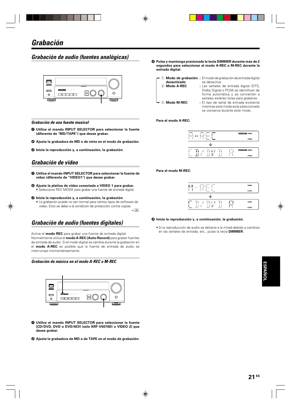 Grabacion, Grabacion de audio (fuentes analogicas), Grabacion de video | Grabacion de audio (fuentes digitales), Grabación, Grabación de audio (fuentes analógicas), Grabación de video, Grabación de audio (fuentes digitales) | Kenwood KRF-V5570D User Manual | Page 165 / 180