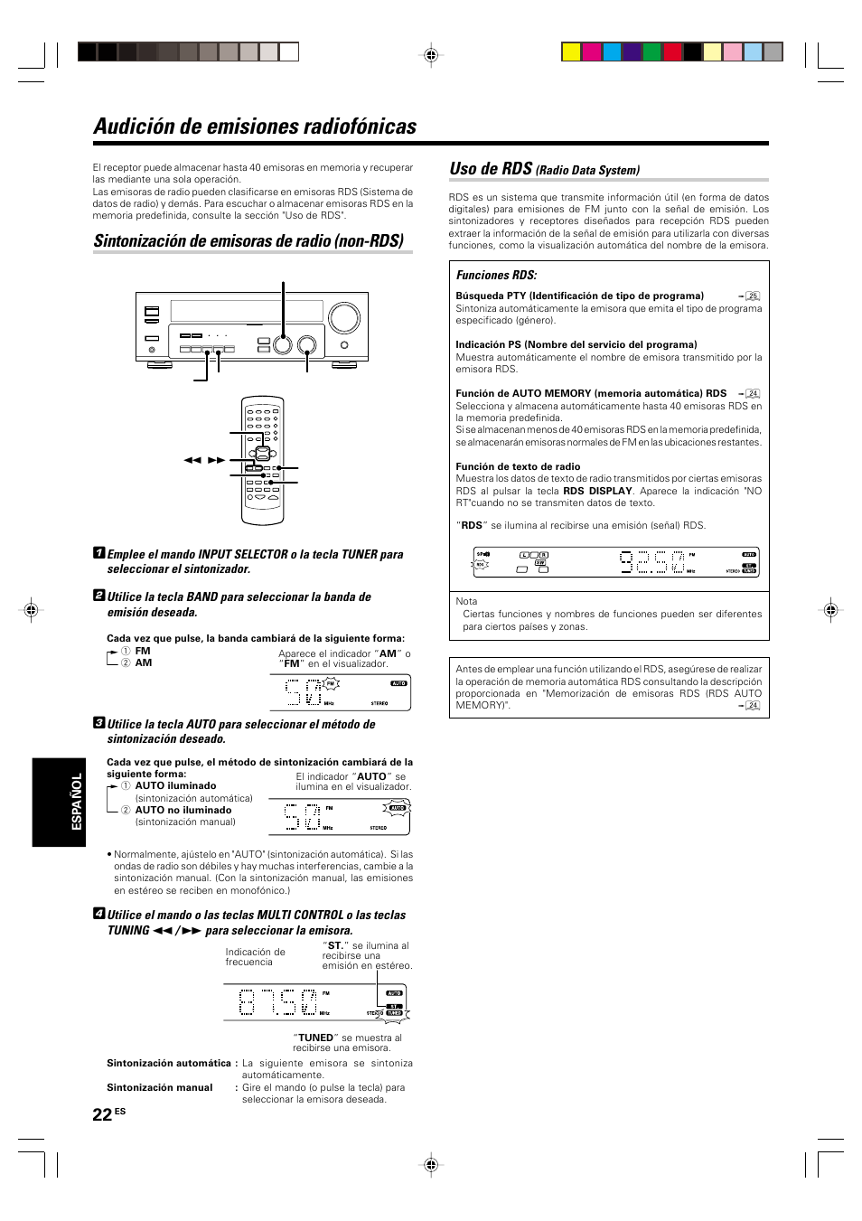 Audicion de emisiones radiofonicas, Sintonizacion de emisoras de radio (non-rds), Uso de rds (radio data system) | Audición de emisiones radiofónicas, Uso de rds, Sintonización de emisoras de radio (non-rds) | Kenwood KRF-V5570D User Manual | Page 166 / 180