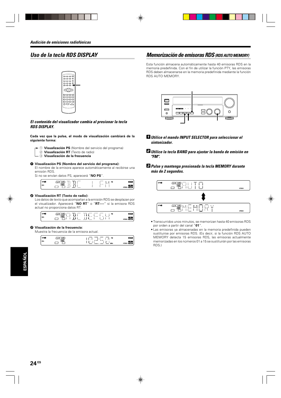 Uso de la tecla rds display, Memorizacion de emisoras rds (rds auto memory) | Kenwood KRF-V5570D User Manual | Page 168 / 180