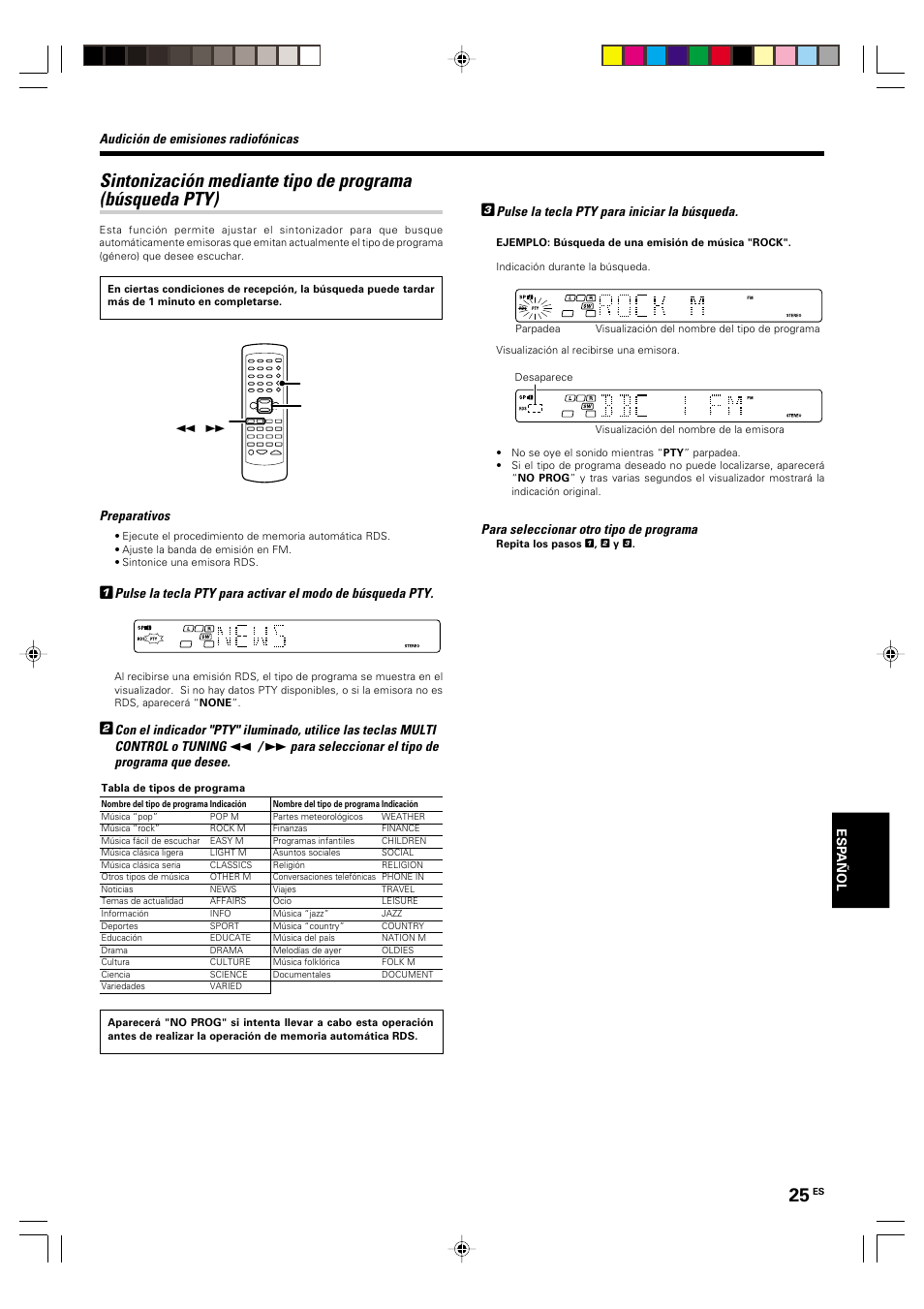 Pulse la tecla pty para iniciar la búsqueda, Para seleccionar otro tipo de programa, Audición de emisiones radiofónicas | Preparativos, Para seleccionar el tipo de programa que desee | Kenwood KRF-V5570D User Manual | Page 169 / 180